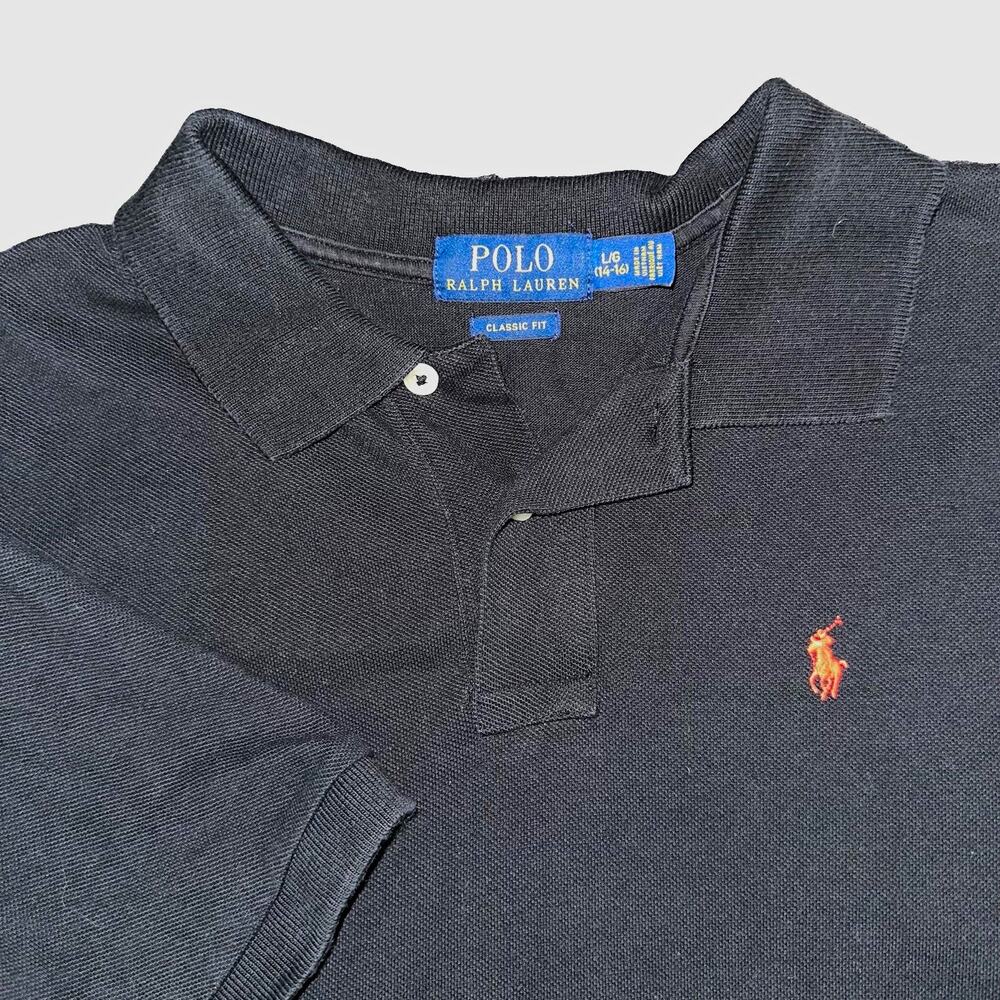 Polo Ralph Lauren Boys Large 14-16 Black Polo Shirt Classic Fit Orange Pony S/S
